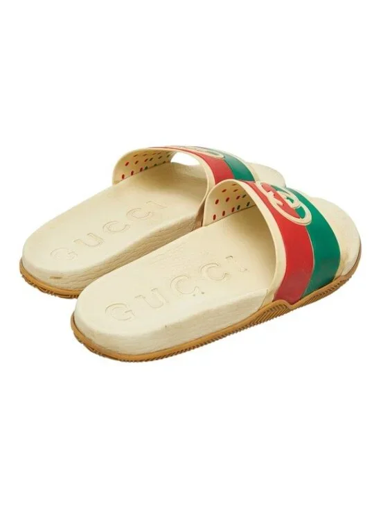 Gucci Interlocking Slide Sandals Shower Beige Green Red Rubber - Picture 2 of 6